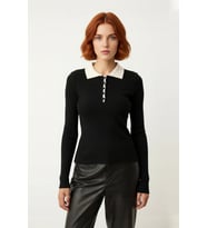 Kadın Modern Fitilli Triko Polo Yaka Kazak Fitted Kesim Uzun Kollu Günlük Şıklık İçin İdeal