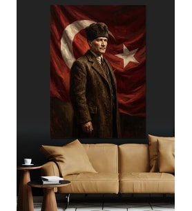 Türk Bayrağı Önünde Atatürk Portresi Dekoratif Kanvas - Mdf Ahşap Tablo