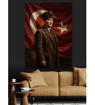 Türk Bayrağı Önünde Atatürk Portresi Dekoratif Kanvas - Mdf Ahşap Tablo