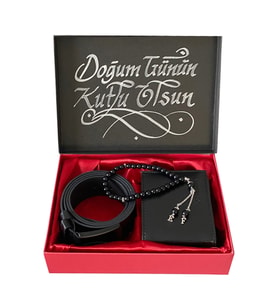 Hediye Seti Erkek Siyah  Kemer-Cüzdan-Harfli Tesbih