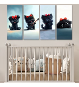 4'lü Çocuk ve Bebek Odası Kanvas Tablo Seti - Sevimli Siyah Köpekçik Figürlü Duvar Dekoru - 30x70 cm