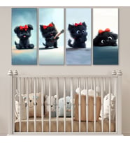 4'lü Çocuk ve Bebek Odası Kanvas Tablo Seti - Sevimli Siyah Köpekçik Figürlü Duvar Dekoru - 30x70 cm