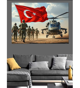 Türk Bayraklı Askerler Ve Helikopter Dekoratif Kanvas - Mdf Ahşap Tablo