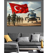 Türk Bayraklı Askerler Ve Helikopter Dekoratif Kanvas - Mdf Ahşap Tablo