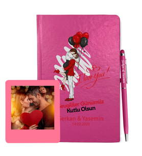 Sevgililer Gününe Özel Pembe Defter Kalem & Instagram Çerçeve Hediye Seti 18