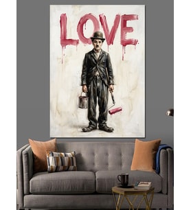 Love Yazılı Klasik Charlie Chaplin Dekoratif Kanvas - Mdf Ahşap Tablo