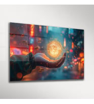 Avuç İçinde Güneş Bitcoin Soyut Cam Tablo
