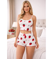 Kadın Mini Crop Şortlu Kalpli Desenli Yazlık Pijama Takımı