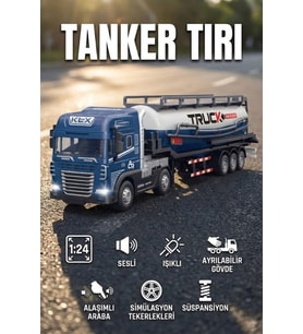 1:24 Ölçek Diecast Metal Kafa Işıklı ve Sesli Oyuncak Tanker Tırı - Ayrılabilir Dorseli Model Araba