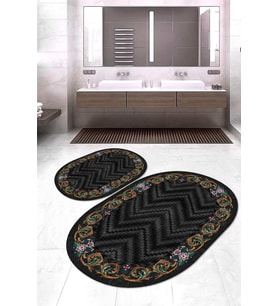 Dijital Baskılı Kaymaz Taban Yıkanabilir Oval 2'li Klozet Takımı Banyo Paspası NOKZ-SD-237 (Siyah)