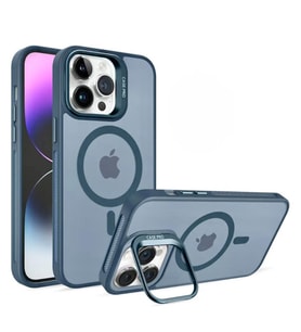 Apple iPhone 15 Pro Max Uyumlu Magsafe Stantlı Premium Kılıf Lens Hediye (Mavi)
