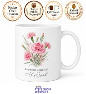 İsimli Karanfil Desenli Özel Baskılı Kupa Bardak Hediye Porselen Mug