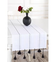Beyaz Çavuş Cendere Siyah İşlemeli Ponponlu 50x130 cm Runner
