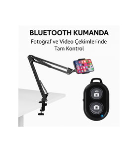 Üstten Çekim Telefon Standı + Bluetooth Kumanda Tripodlu Yayıncı Aksesuarı 360° Ayarlı