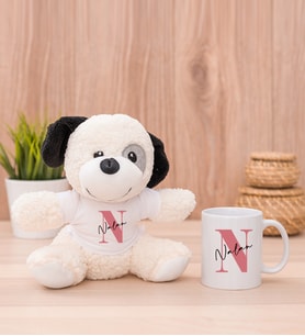 Kişiye Özel Baş Harfli Üzeri İsim Yazılı Peluş Köpek ve Beyaz Kupa