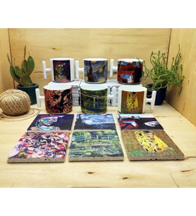 Dali, Van Gogh, Picasso, Kandinsky, Klimt, Monet Tasarımlı 6'lı T Kulplu Kupa Bardak Mug ve Taş Bardak Altlığı Seti