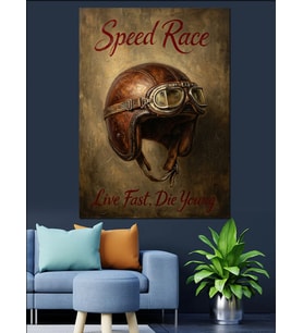 Speed Race Retro Motorcu Kaskı Dekoratif Kanvas - Mdf Ahşap Tablo