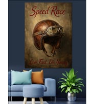 Speed Race Retro Motorcu Kaskı Dekoratif Kanvas - Mdf Ahşap Tablo