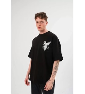 pilelistore- Unisex Bisiklet Yaka Baskılı Oversize T-Shirt - Siyah