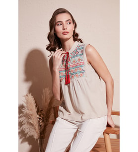 Lela Pamuklu Regular Fit Nakış İşlemeli Bluz Bayan BLUZ 611BZ0249 (Bej)