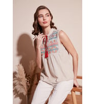 Lela Pamuklu Regular Fit Nakış İşlemeli Bluz Bayan BLUZ 611BZ0249 (Bej)