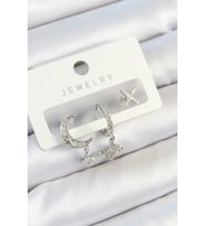 Pirinç Zirkon Taşlı Çiçek Ve Ay Model Gümüş Renk 3'lü Çift Kadın Küpe Set - TJ-BKP10804
