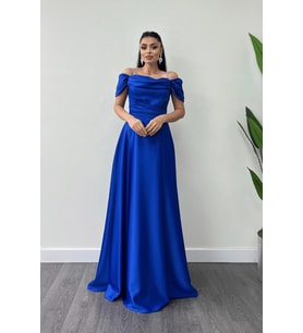 Saten Kumaş Büzgülü Askılı Abiye Elbise - SAKS MAVİ (Saks Mavisi)