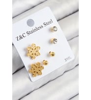 316L Çelik Zirkon Taşlı Kar Tanesi Model Gold Renk Kadın Set Küpe