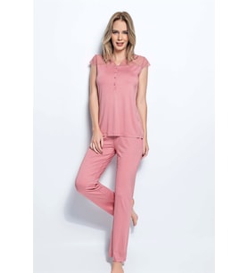 Monamise Kadın Yakası Kolu ve Omzu Dantelli Önü Düğmeli Pijama Takımı