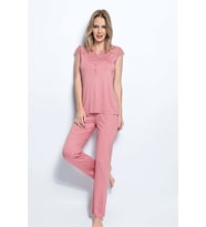 Monamise Kadın Yakası Kolu ve Omzu Dantelli Önü Düğmeli Pijama Takımı