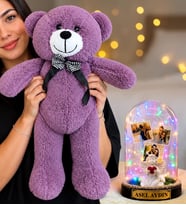 Kişiye Özel 3 Fotoğraflı Renkli LED Işıklı Fanus(beyaz melekli) ve 50 cm Büyük Mor Peluş Ayıcık