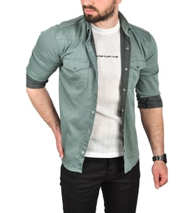 DeepSEA Erkek Yeşil Slim Fit Pamuklu Çift Cepli Kot Gömlek Çıtçıtlı Uzun Kollu Spor Gömlek 2502503