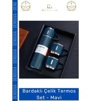 #Termos Vakumlu Paslanmaz Hediye Kutulu Isı Yalıtımlı Sızdırmaz Bardaklı Çelik Termos Set Mavi