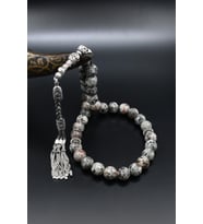 Doğal Larvikite (Larvakit) Taşlı 33'lük Tesbih 925 Ayar Gümüş Püsküllü 10mm Küre Kesim 902502