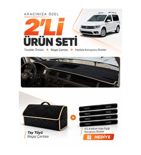 e-biz VOLKSWAGEN CADDY (2015-2019) Uyumlu Torpido Örtüsü + Tay Tüyü Çanta - Siyah-Bej - VW002