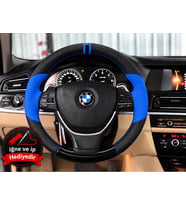 BMW X5 E70 Dikme Direksiyon Kılıfı Delikli Deri Parlak Siyah Mavi Detay Çift Yüzük ve Dikiş 2006-2013