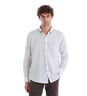 Gri Comfort Fit Çizgili Slim Yaka Uzun Kollu Keten Gömlek