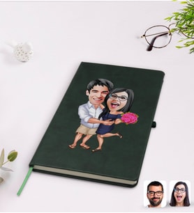 BK Gift Kişiye Özel Sevgililer Karikatürlü Yeşil Termo Deri Defter Model 108