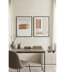 Minimalist Ofis Soyut Geometrik Detaylı 2’li Ahşap Çerçeveli Tablo Seti