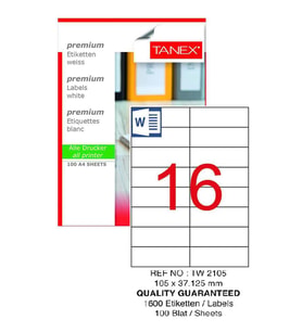 Bilgisayar Etiketi Tw-2105 105x37,125 mm 100 Lü Lazer Etiket 1 Paket Tanex Davetiye Kargo Koli Kutu Etiketi (Beyaz)