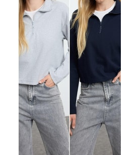 Fermuarlı Yaka Düşük Kol 2Li Paket Selanik Normal Kalıp Fermuarlı Yaka Örme Sweatshirt