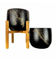 Bitki Tasarımı Siyah Üzeri Gold Mermer Efektli Toprak Saksı Saksılık Salon Çiçeklik İkili Set Ayaksız - 4 Ayaklı- 19 CM