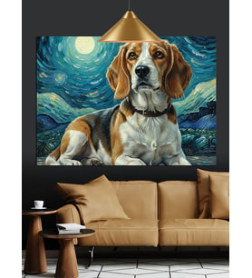 Yıldızlı Gökyüzünde Beagle Köpek Dekoratif Kanvas - Mdf Ahşap Tablo