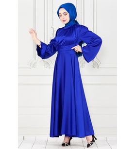 Çapraz Kuşaklı Saten Abiye Elbise-Saks Mavi