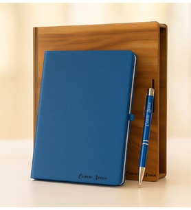 Kişiye Özel Ahşap Kutusunda A/5 Defter & Metal Tükenmez Kalem (Lacivert)