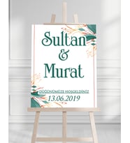 Söz Nişan Düğün İçin 50x70 Karşılama Panosu - Altın ve Yeşil Çiçek Temalı