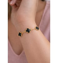 Gold Renk Zirkon Taşlı Yonca Model Çelik Bileklik (Siyah)