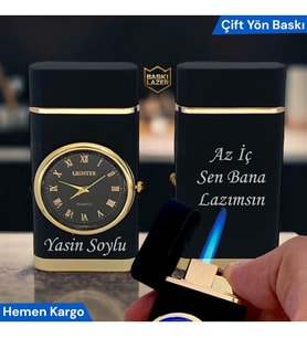 İsme Özel Turbo Jet Saatli Çakmak - Çift Yön Baskı Avantajı - Kutulu ve Hediye Paketinde