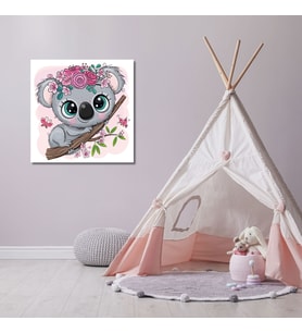 Tekli Kare Kanvas Kız Çocuk Odası Pembe Çiçekli Koala Tablosu