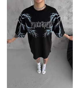 pilelistore- Unisex Bisiklet Yaka Baskılı Oversize T-Shirt - Siyah